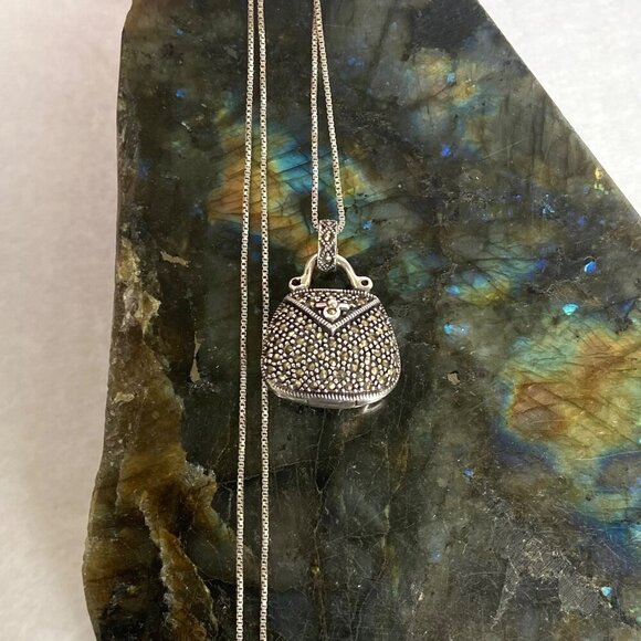 Sterling Silver 925 Hinged Marcasite Handbag Locket Purse Pendant Necklace 18" - Picture 7 of 16
